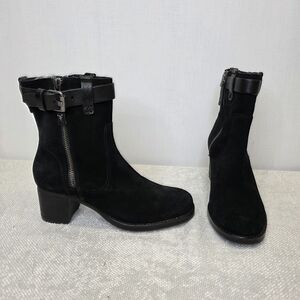 Trask Black Suede Moto Ankle Boots - Size 6M - Side Zip & Buckle Detail